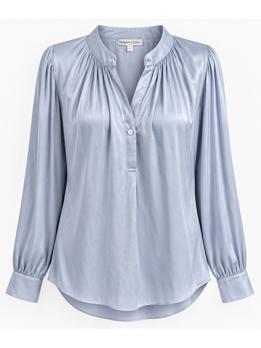 Margaret O’Leary Womens L Light Blue Silky Satin Blouse Gathered Long Sleeve Top